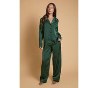 Oasis Women's Plain Satin Contrast Binding Nightwear Set in Forest | Size: Large