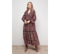 Oasis Printed Cape Detail Lace Trim Boho Maxi Dress In Brick Red brick red 12