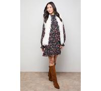 Oasis Women's Printed Chiffon Lace Detail Tiered Long Sleeve Mini Dress in Black | Size: 10 Oasis Black 10