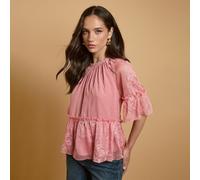 Oasis Printed Chiffon Peplum Blouse CHOCOLATE AMAZONITE