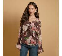Oasis Printed Fluted Sleeve Lace Trim Blouse CHOCOLATE FLORAL SIZE 10