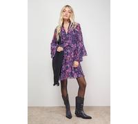 Oasis Printed Fluted Sleeve Ruffle Detail Mini Dress In Purple purple 12