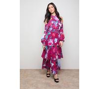 Oasis Printed Halterneck Off The Shoulder Tiered Maxi Dress In Floral floral