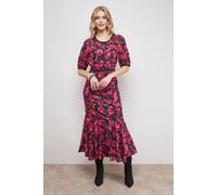 Oasis Printed Jacquard Stud Trim Detail Puff Sleeve Midi Dress multi 16