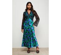 Oasis Women's Printed Lace Bodice V Neck Satin Midi Dress in Floral | Size: 12 Oasis Floral 12