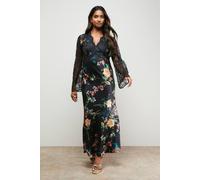 Oasis Printed Lace Bodice V Neck Satin Midi Dress multi 10
