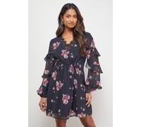 Oasis Printed Lace Detail Frill Sleeve Mini Dress multi
