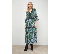 Oasis Printed Lace Detail V Neck Ruffle Midi Dress In Floral floral 10