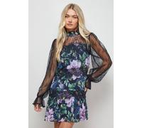 Oasis Printed Lace Tiered High Neck Balloon Sleeve Mini Dress In Floral floral 14