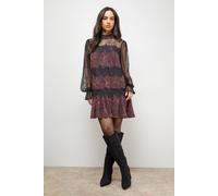 Oasis Printed Lace Tiered High Neck Balloon Sleeve Mini Dress multi