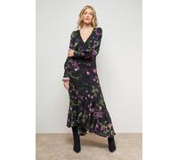 Oasis Printed Lace Trim Detail High Low Hem Midi Dress In Black black 8