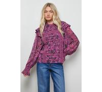 Oasis Women's Printed Lace Trim Pleat Detail Boho Blouse in Pink | Size: 8 Oasis Pink 8