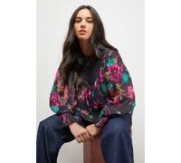 Oasis Printed Lace Yoke Balloon Sleeve Boho Blouse In Black black 14