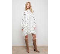 Oasis Printed Pleated Tie Neck Balloon Sleeve Mini Smock Dress In Ivory ivory