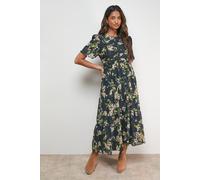 Oasis Printed Ruched Bodice Trim Detail High Low Hem Midi Dress In Floral floral 10