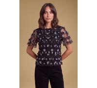 Oasis Women's Printed Ruffle Mesh Top in Mono | Size: 14 Oasis Mono 14