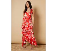 Oasis Printed Satin Jacquard Tiered Midi Dress red 10