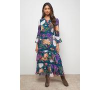 Oasis Printed Tiered Fluted Sleeve Lace Insert Midi Dress In Floral floral 12