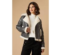 Oasis Pu Borg Detail Collared Zip Jacket In Grey grey XL