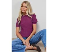 Oasis Puff Sleeve Ruffle Neck Short Sleeve Jumper In Plum plum S
