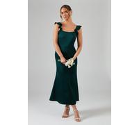 Oasis Ruffle Square Neck Satin Bridesmaid Midi Dress In Emerald emerald 14