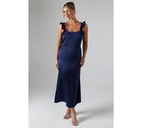 Oasis Ruffle Square Neck Satin Bridesmaid Midi Dress In Navy navy 10