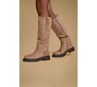 Oasis Samra Knee High Faux Suede Chunky Block Heeled Boots In Beige beige