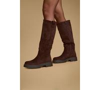 Oasis Samra Knee High Faux Suede Chunky Block Heeled Boots In Chocolate chocolate
