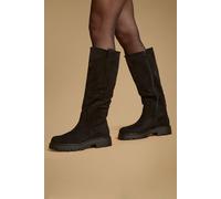 Oasis Samra Knee High Faux Suede Chunky Block Heeled Boots In Natural Black natural black