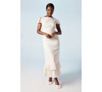 Oasis Satin Jacquard Flutter Sleeve Wedding Maxi Dress In Ecru ecru 12
