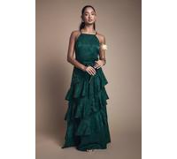 Oasis Satin Jacquard Ruffle Halter Neck Bridesmaid Dress In Emerald emerald 14