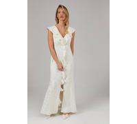 Oasis Women's Satin Jacquard Ruffle V Neck Bridesmaid Dress in Champagne | Size: 6 Oasis Champagne 6