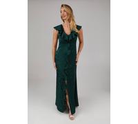 Oasis Satin Jacquard Ruffle V Neck Bridesmaid Dress In Emerald emerald 12