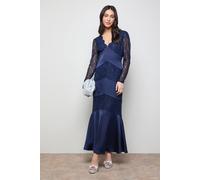 Oasis Women's Satin Lace Mix V Neck Maxi Dress in Navy | Size: 14 Oasis Navy 14