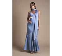 Oasis Satin Scarf Detail Strappy Maxi Bridesmaid Dress In Dusty Blue dusty blue 10