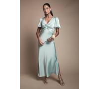 Oasis Satin Twist Front Angel Sleeve Midi Bridesmaid Dress In Sage sage