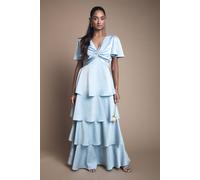 Oasis Satin Twist Front Tiered Bridesmaid Maxi Dress In Light Blue light blue