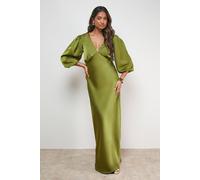 Oasis Satin V Neck Balloon Sleeve Bias Midi Dress In Olive olive