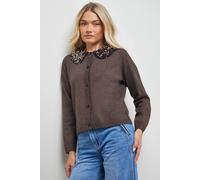 Oasis Sequin Collar Cardigan In Brown