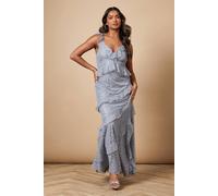 Oasis Sequin Lace Ruffle Detail Midaxi Dress In Slate Grey slate grey 8