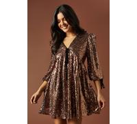 Oasis Sequin Velvet Bow Puff Sleeve Mini Dress In Bronze bronze 6