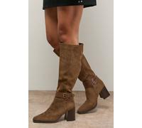Oasis Tabitha Faux Suede Buckle Detail Square Toe High Block Heel Boot In Taupe taupe