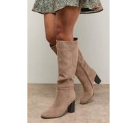 Oasis Tamsin Faux Suede Stacked High Block Heel Knee Boots In Beige beige