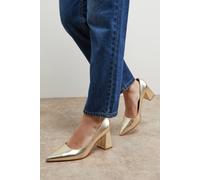 Oasis Val Faux Metallic Leather Pointed High Block Heel Courts In Gold gold 3