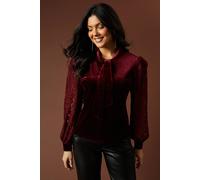 Oasis Velvet Lace Sleeve Tie Neck Blouse In Wine wine 6