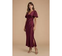 Oasis Wine Satin Twist Front Angel Sleeve Midi Bridesmaid Dress wine