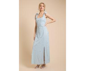 Oasis Women's 3D Floral Linear Beadwork Tie Shoulder Dress in Dusty Blue | Size: 16