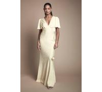 Oasis Women's Angel Sleeve Satin Jacquard Bridesmaid Maxi Dress in Butter | Size: 14