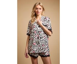 Oasis Women's Animal Heart Lace Trim Nightwear Satin Shorts Set | Size: Medium