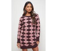 Oasis Women's Argyle Scallop Neck Knitted Mini Dress in Pink | Size: XS